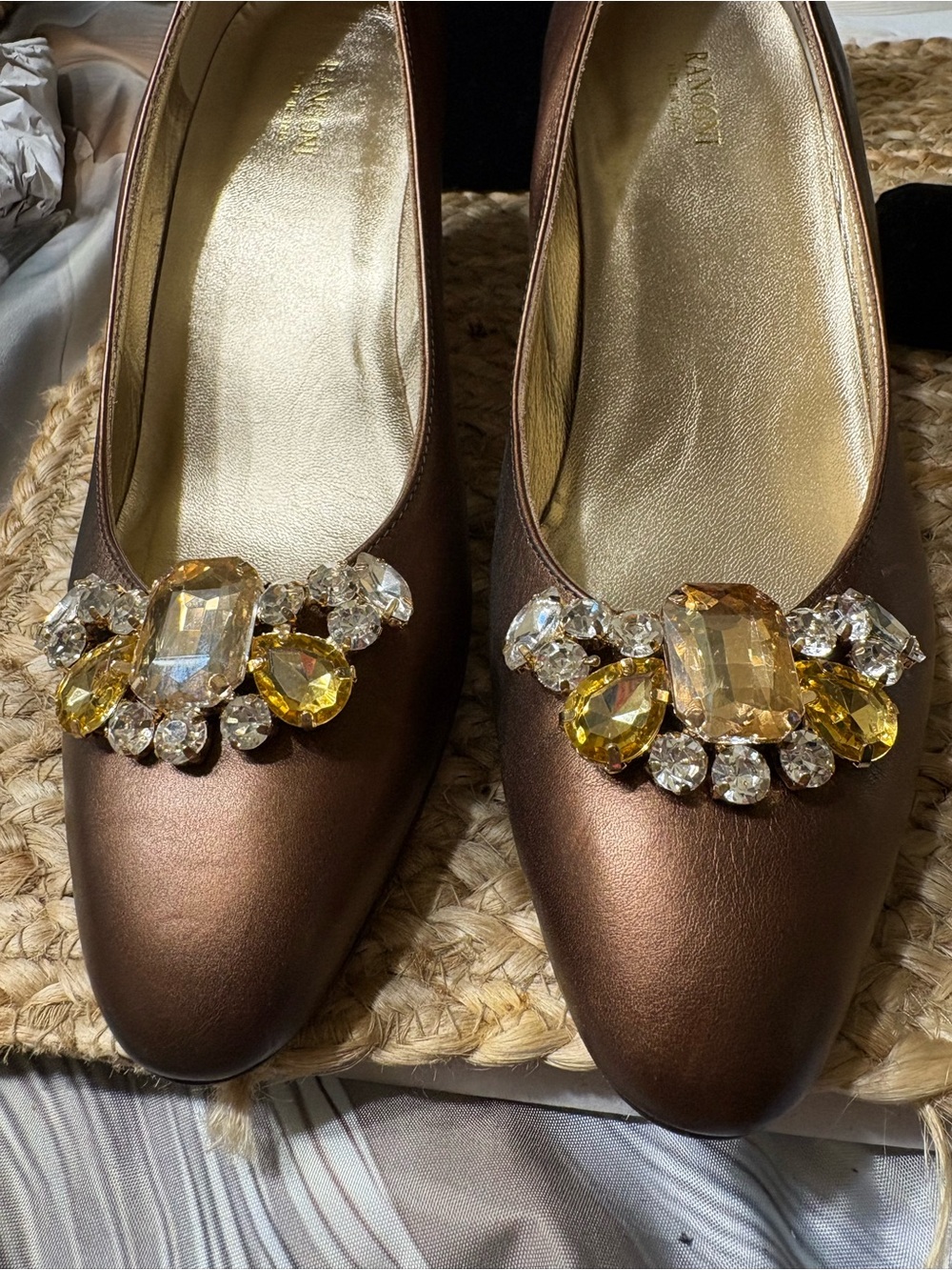 Rangoni Bronze leather 2” heels with Yellow and Clear Crystal removable shoe